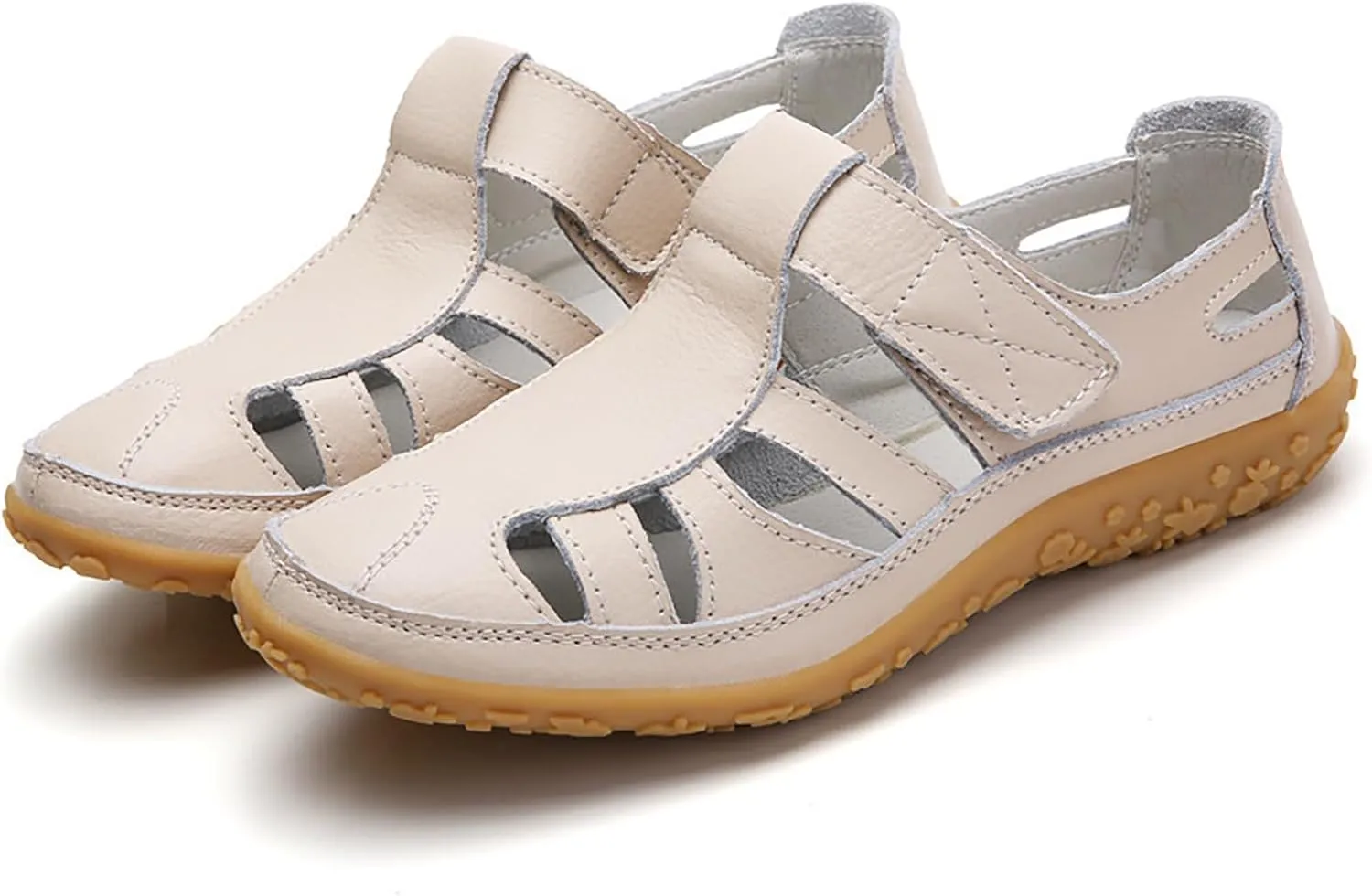Women's Hollow Casual Shoes Leather Soft Bottom Sandals Comfortable Lightweight Non Slip Breathable Orthopedic Beach Shoes Closed Toe Summer Sneakers