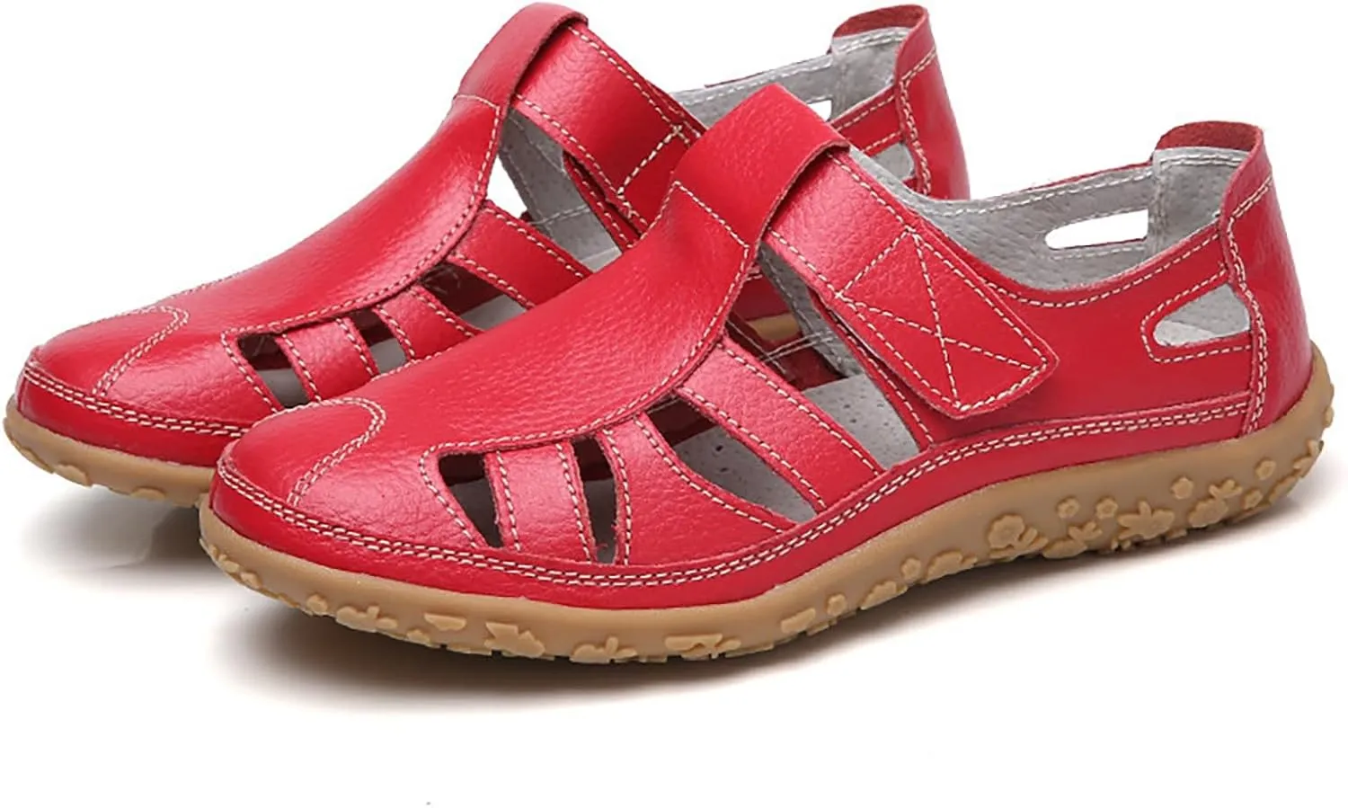 Women's Hollow Casual Shoes Leather Soft Bottom Sandals Comfortable Lightweight Non Slip Breathable Orthopedic Beach Shoes Closed Toe Summer Sneakers