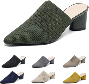 Women’s Knit Mesh Chunky Heel Mules Closed Pointed Toe Backless Slip On Mid Block Heel Dress Slide Sandals Summer Breathable Daily Party Pumps