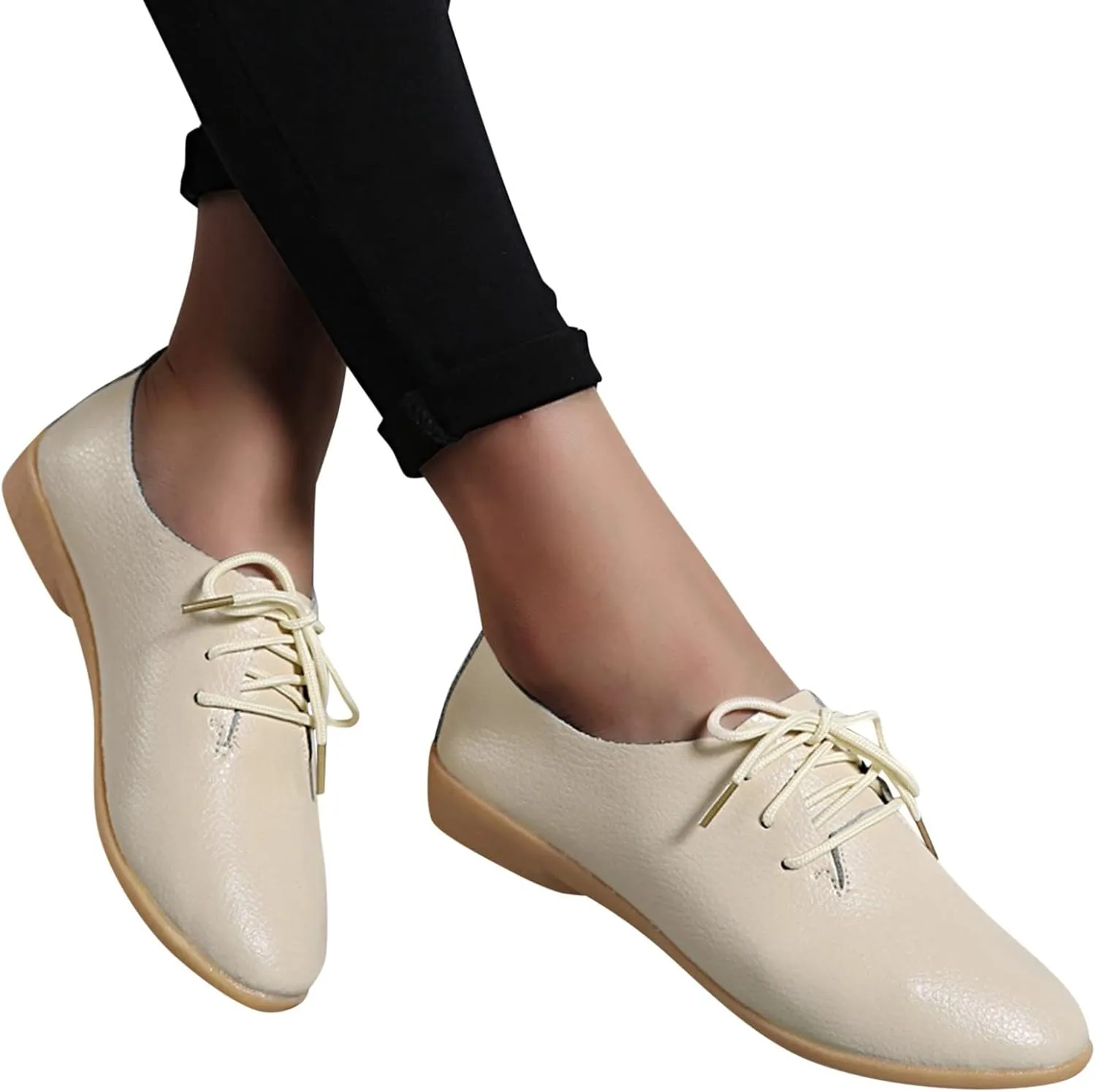 Women's Leather Lace Up Oxfords Sneakers Comfortable Slip-On Business Shoes Lightweight Breathable Sneakers Dressy Low Heel Walking Shoes