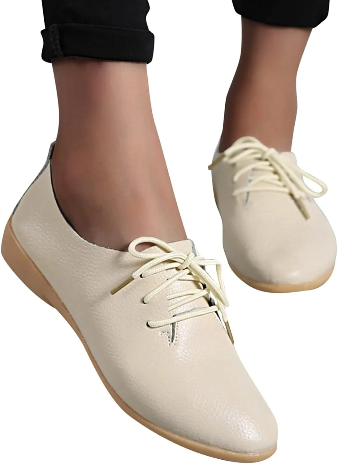 Women's Leather Lace Up Oxfords Sneakers Comfortable Slip-On Business Shoes Lightweight Breathable Sneakers Dressy Low Heel Walking Shoes