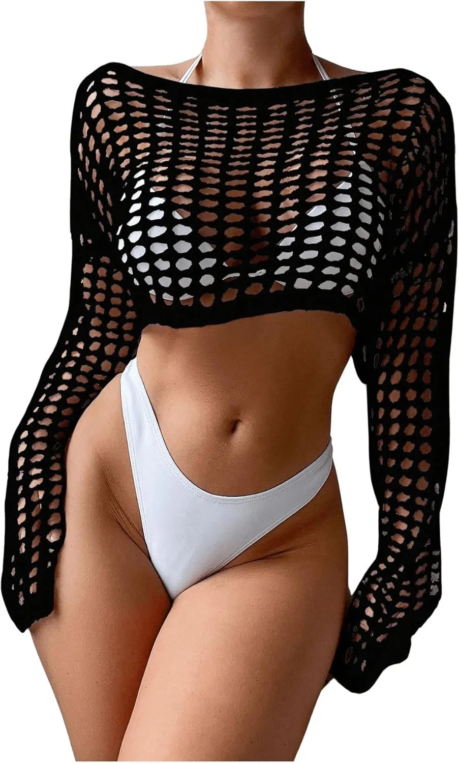 Women's Long Sleeve Crochet Cover Up Knitted Hollow Out Cropped Swimsuit Cover Ups Tops