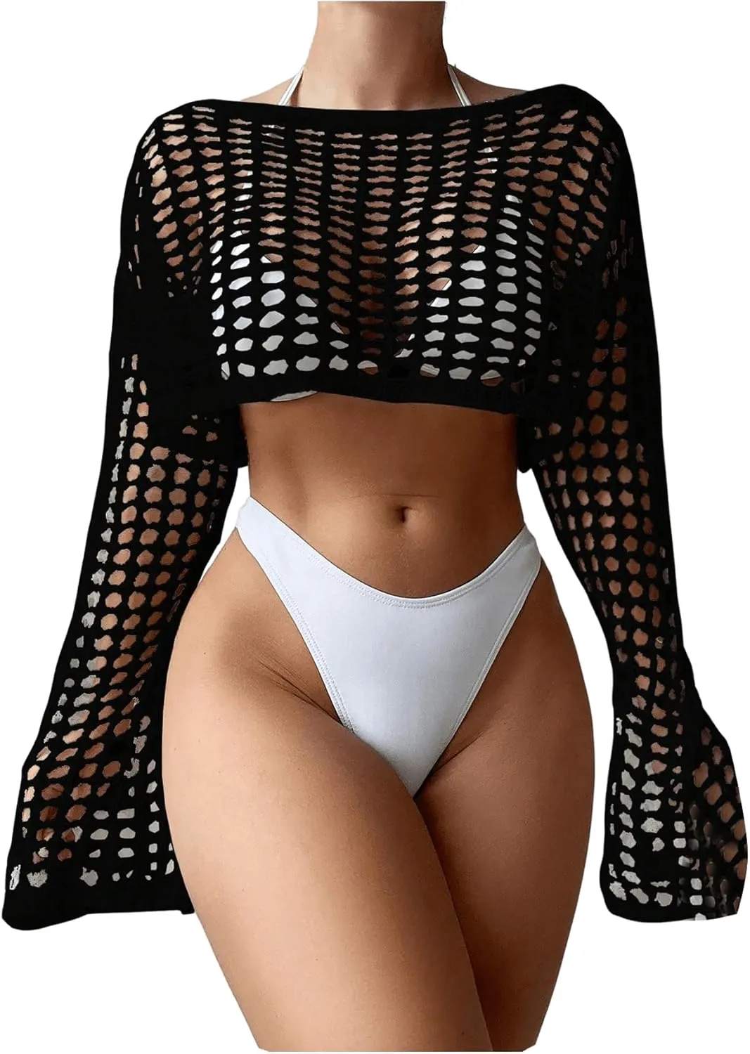 Women's Long Sleeve Crochet Cover Up Knitted Hollow Out Cropped Swimsuit Cover Ups Tops