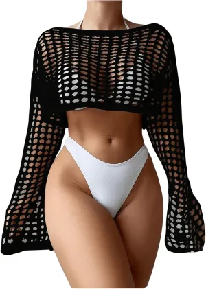 Women's Long Sleeve Crochet Cover Up Knitted Hollow Out Cropped Swimsuit Cover Ups Tops