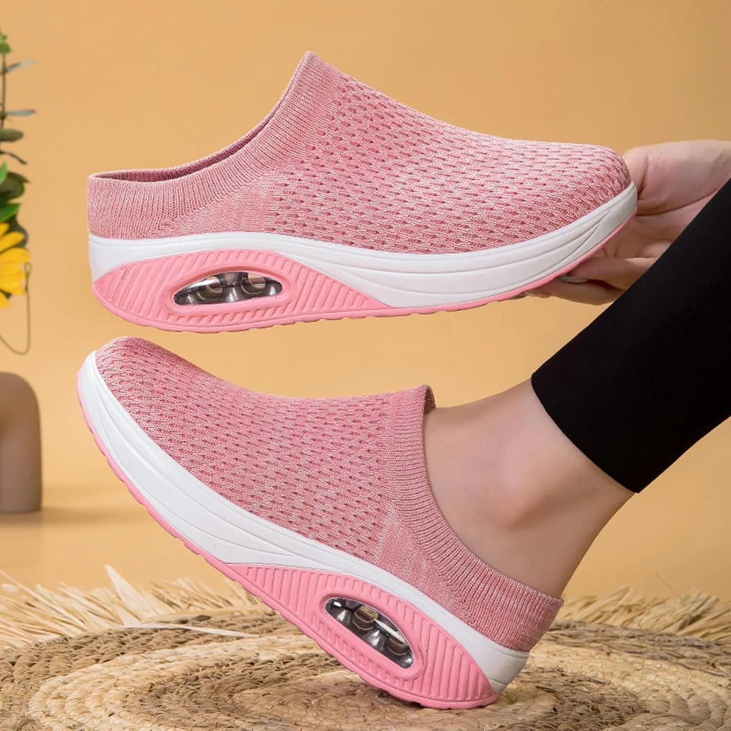 Women's Orthopedic Mule Clogs Closed Round Toe Stretch Knitted Platform Comfortable Breathable Air Cushion Walking Sliipers Open Back Wedge Heel Casual Mules Sneaker with Arch Support