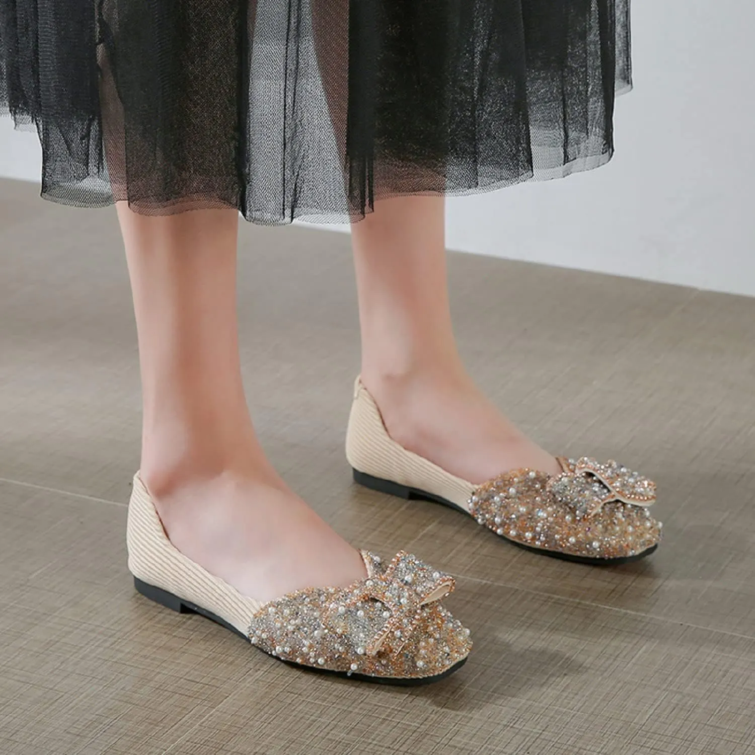 Women's Rhinestone Flats Pointed Toe Low Heel Wedding Shoes Comfortable Women Dress Shoes ﻿