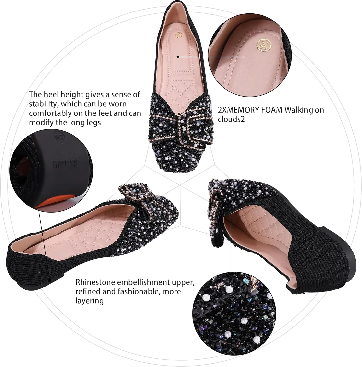 Women's Rhinestone Flats Pointed Toe Low Heel Wedding Shoes Comfortable Women Dress Shoes ﻿
