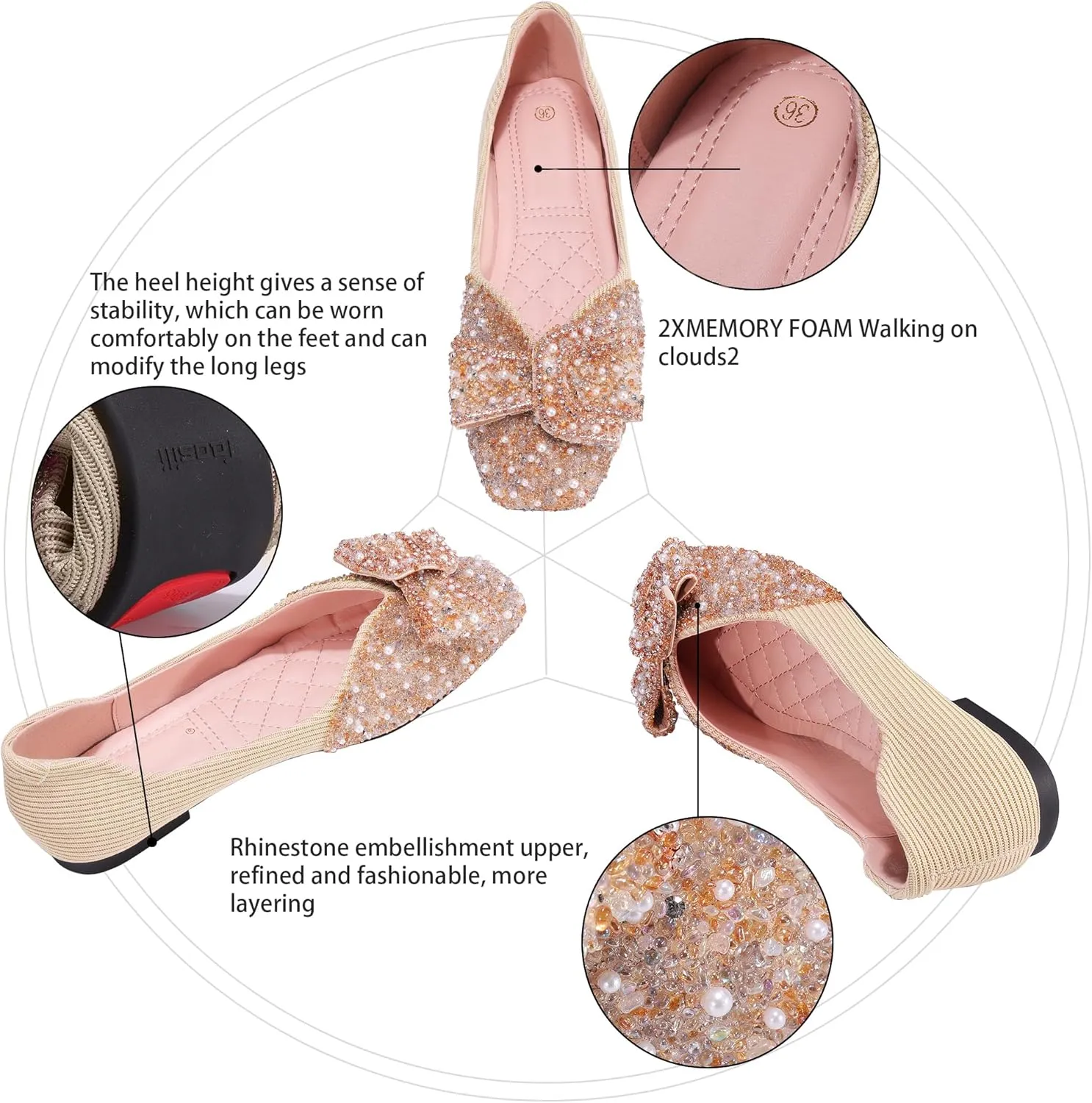 Women's Rhinestone Flats Pointed Toe Low Heel Wedding Shoes Comfortable Women Dress Shoes ﻿