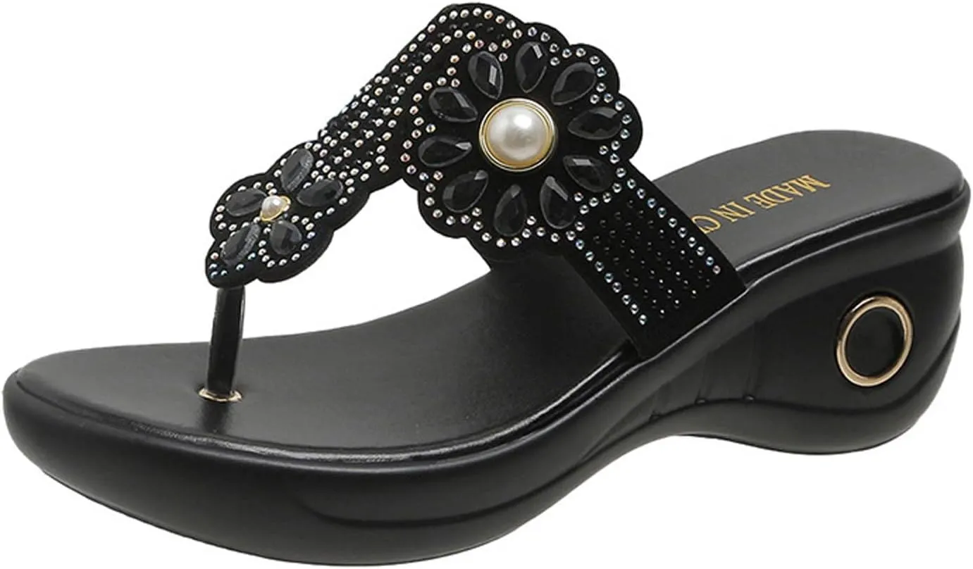 Women's Rhinestone Flip Flops Summer Beach Bohemian Clip Toe Sandals Arch Support Low Wedge Thong Sandal Slippers