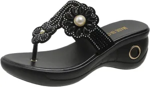 Women's Rhinestone Flip Flops Summer Beach Bohemian Clip Toe Sandals Arch Support Low Wedge Thong Sandal Slippers