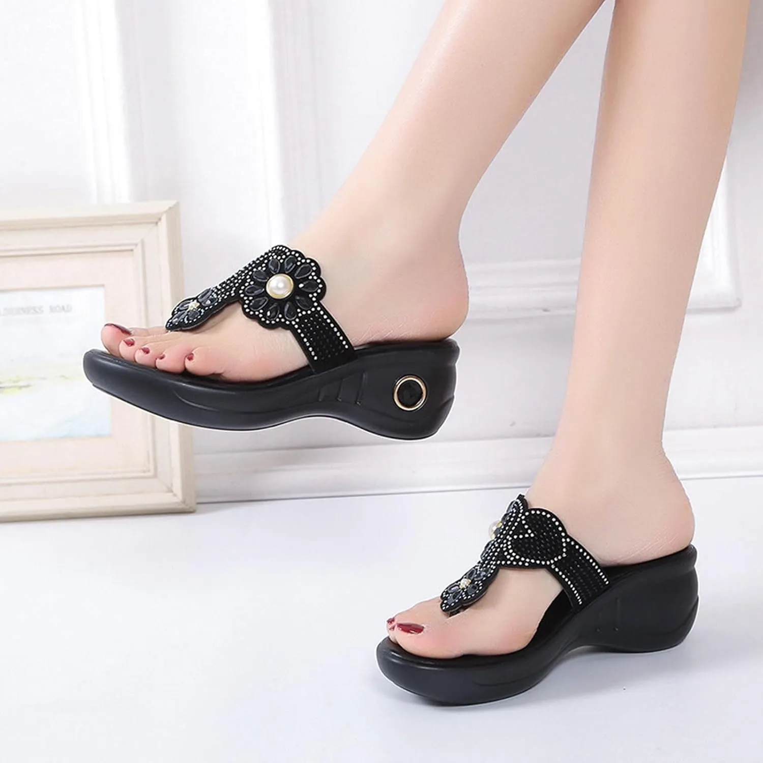 Women's Rhinestone Flip Flops Summer Beach Bohemian Clip Toe Sandals Arch Support Low Wedge Thong Sandal Slippers