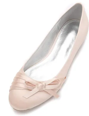 Women's Round Toe Ballet Flat Slip on Bow Tie Satin Wedding Bridal Bridesmaid Shoes
