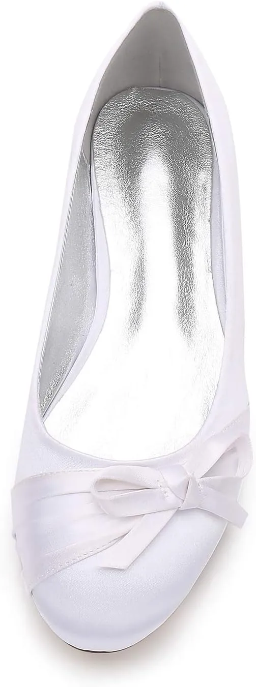 Women's Round Toe Ballet Flat Slip on Bow Tie Satin Wedding Bridal Bridesmaid Shoes