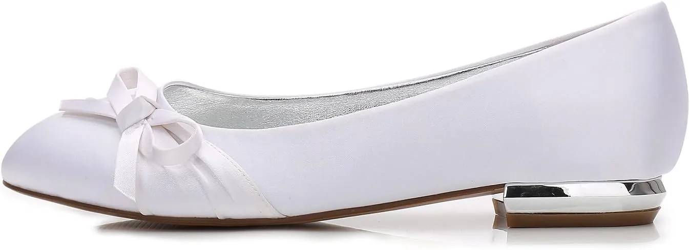 Women's Round Toe Ballet Flat Slip on Bow Tie Satin Wedding Bridal Bridesmaid Shoes