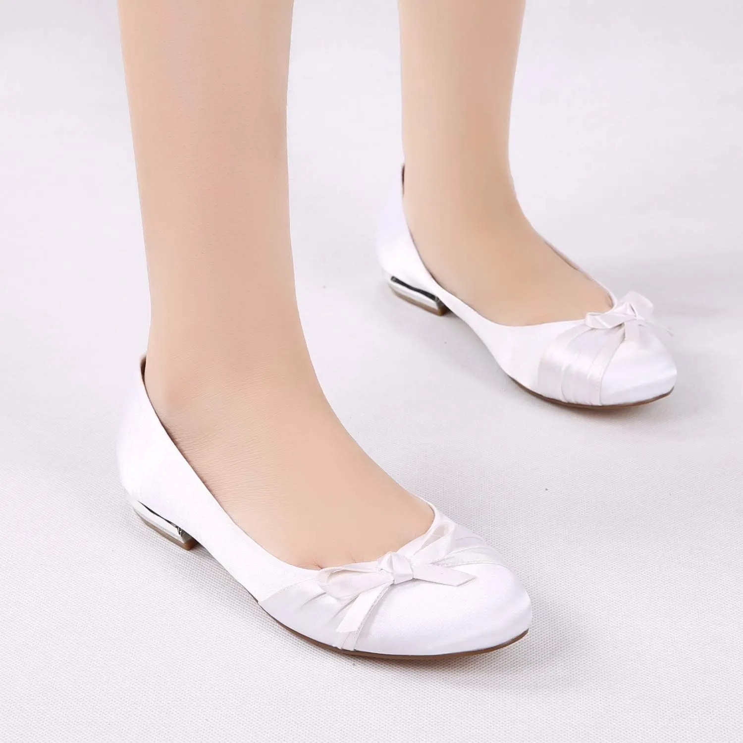 Women's Round Toe Ballet Flat Slip on Bow Tie Satin Wedding Bridal Bridesmaid Shoes
