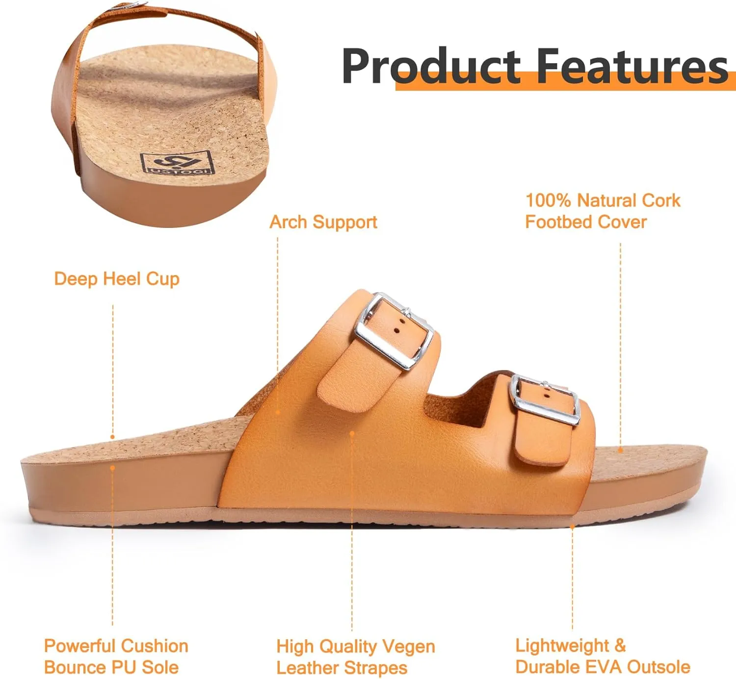 Womens Sandals Arch Support Beach Slides for Women Orthotic Summer Causal Cork Footbed Adjustable Lightweight Comfortable Slip on Cushion Cute 2 Strap Flat sandalias de mujer