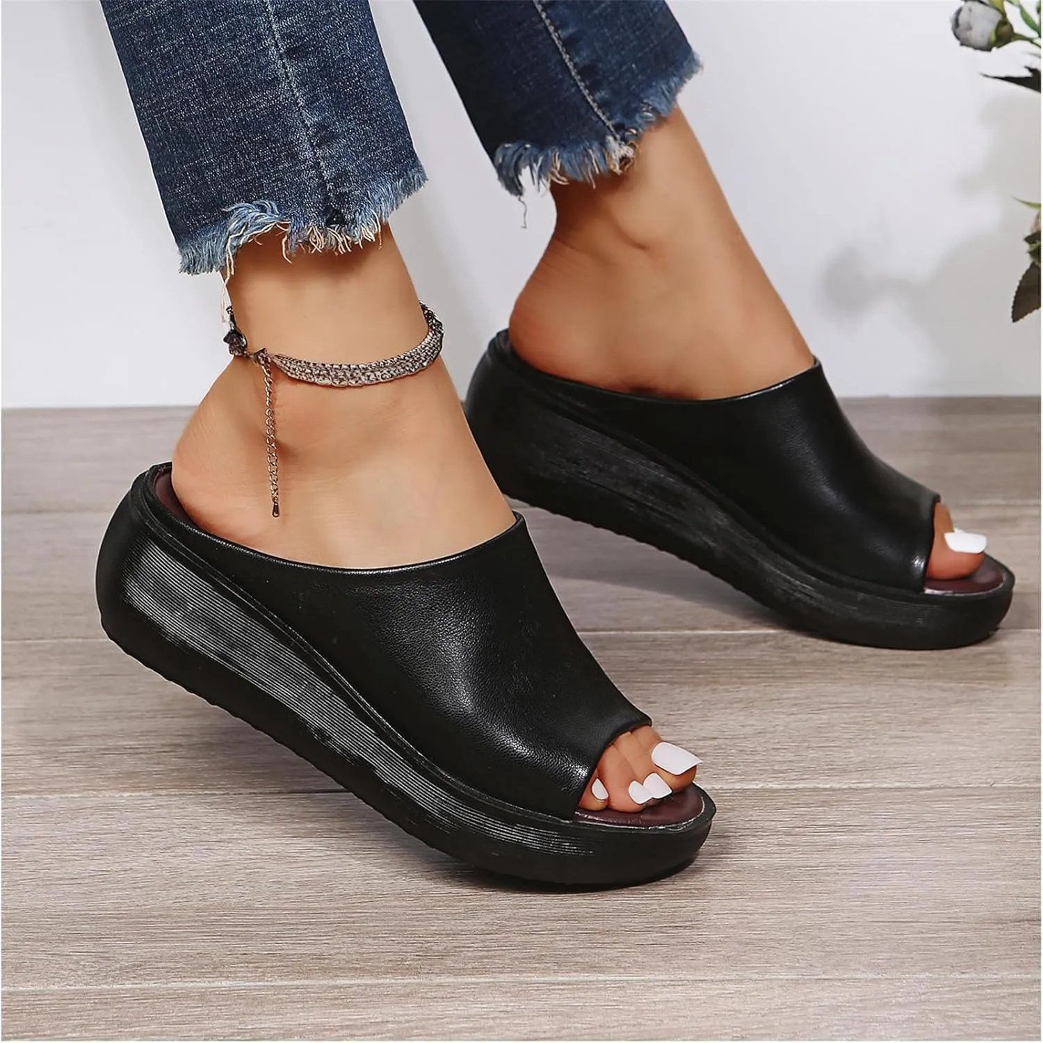 Women's Slip-On Platform Wedge High Heel Sandals Soft Lightweight Casual Open Toe Fish Mouth Summer Beach Walking Slippers