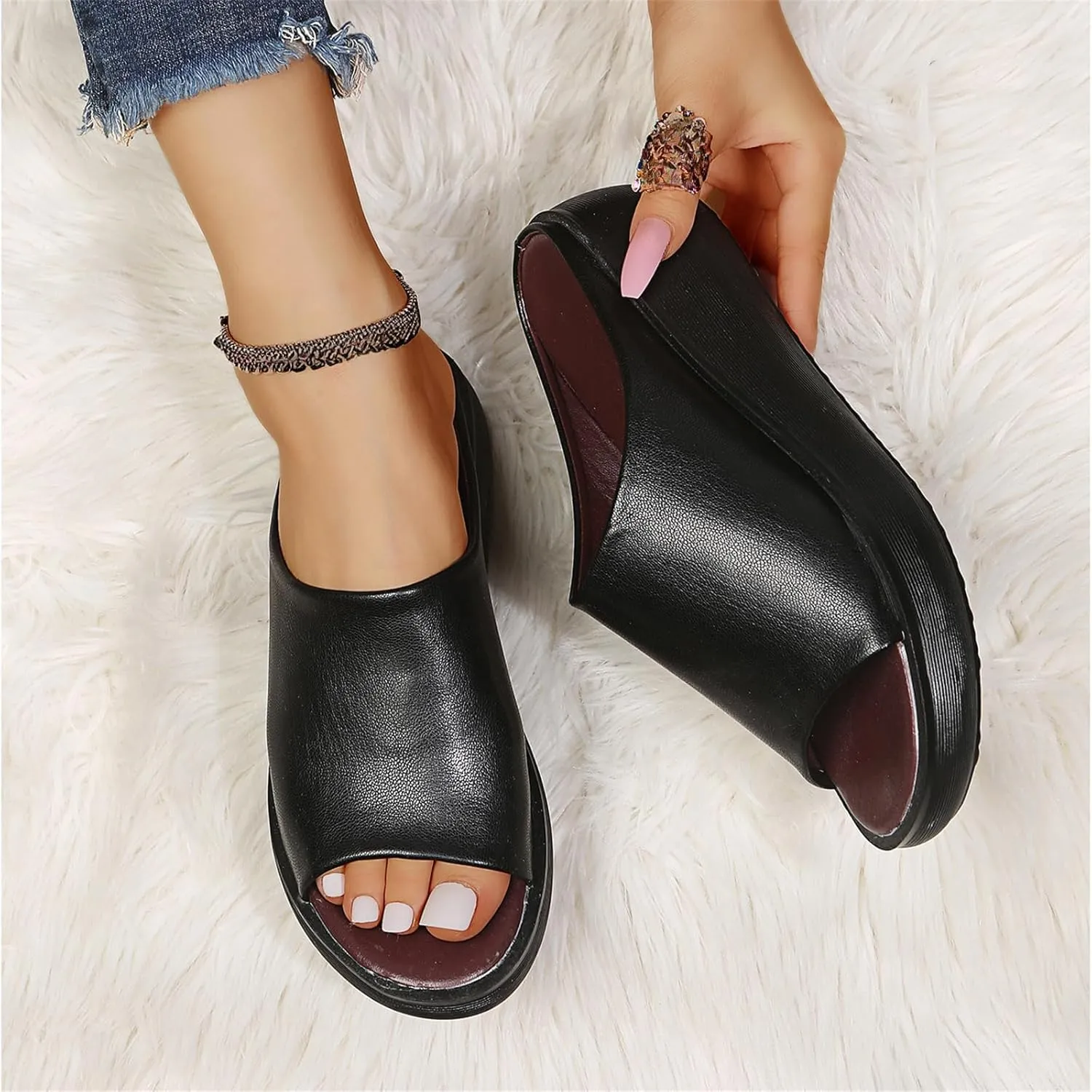 Women's Slip-On Platform Wedge High Heel Sandals Soft Lightweight Casual Open Toe Fish Mouth Summer Beach Walking Slippers