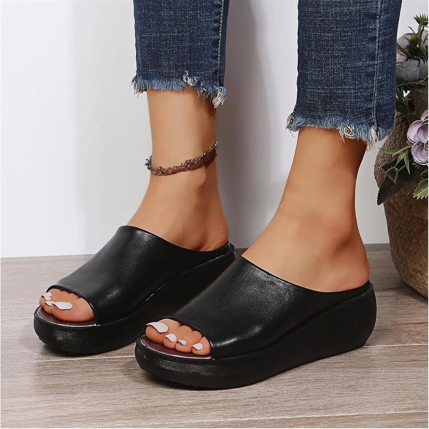 Women's Slip-On Platform Wedge High Heel Sandals Soft Lightweight Casual Open Toe Fish Mouth Summer Beach Walking Slippers
