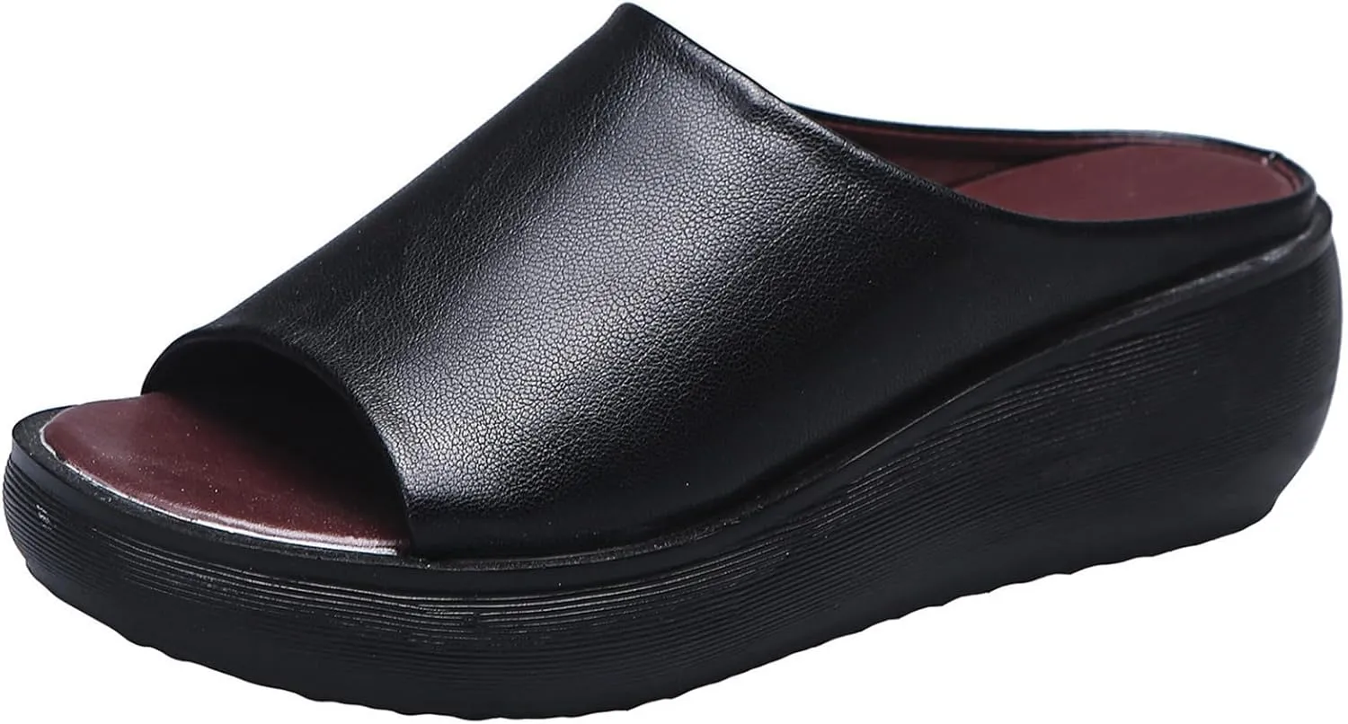 Women's Slip-On Platform Wedge High Heel Sandals Soft Lightweight Casual Open Toe Fish Mouth Summer Beach Walking Slippers