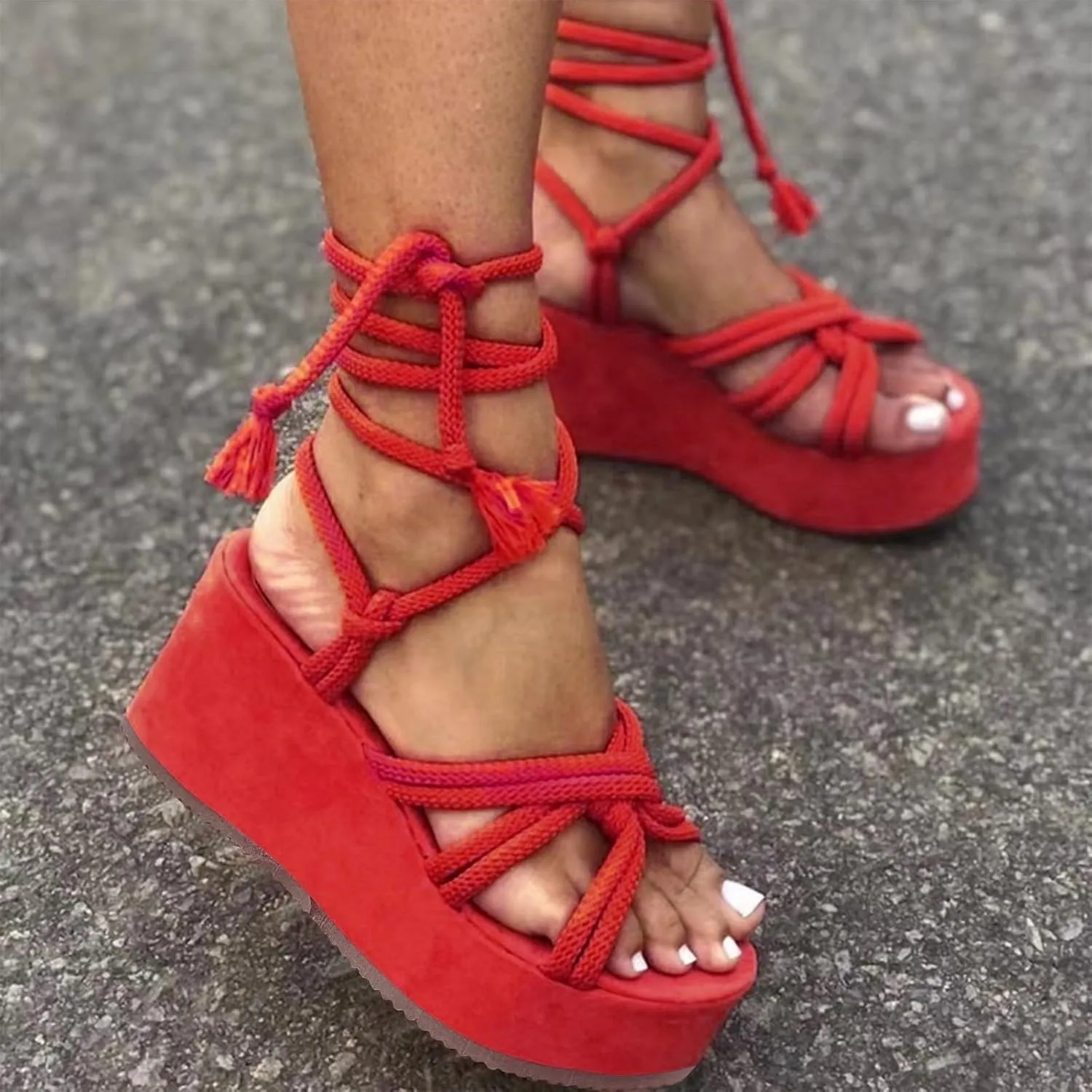 Women's Wedge Sandals Open Toe Summer Platforms Lace Up Comfortable Boho Sandals Slip On Dressy Walking Shoes