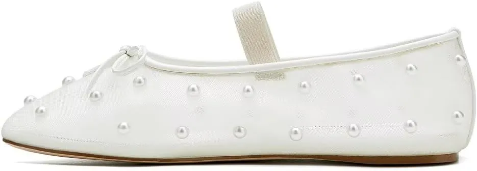 Women's White Mesh Ballet Flats with Pearl Embellishments Mary Jane Flats Ballerina Shoes