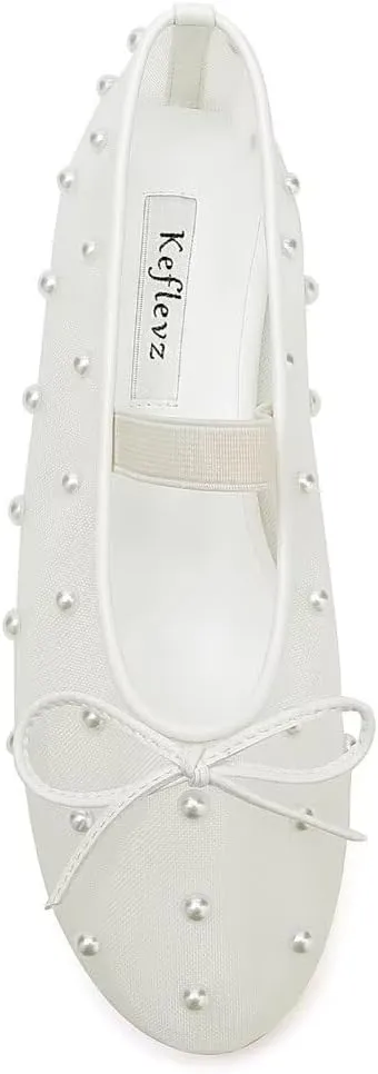 Women's White Mesh Ballet Flats with Pearl Embellishments Mary Jane Flats Ballerina Shoes