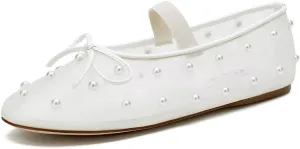 Women's White Mesh Ballet Flats with Pearl Embellishments Mary Jane Flats Ballerina Shoes