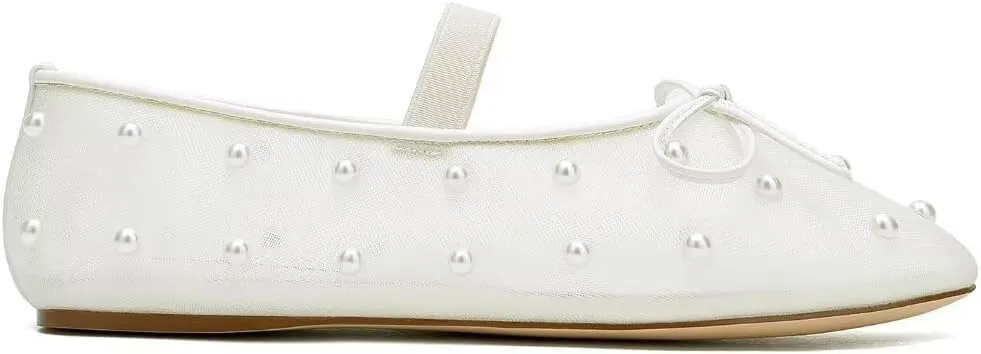 Women's White Mesh Ballet Flats with Pearl Embellishments Mary Jane Flats Ballerina Shoes