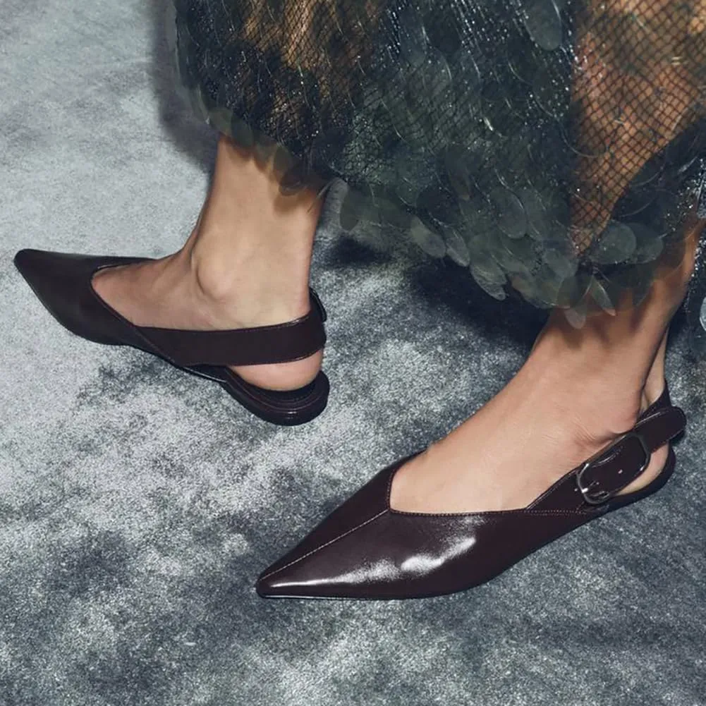 Women's Wide Welt Buckle Ballet Flats Pointed Toe Slingback Mules Mary Jane Flat Ballerina Shoes