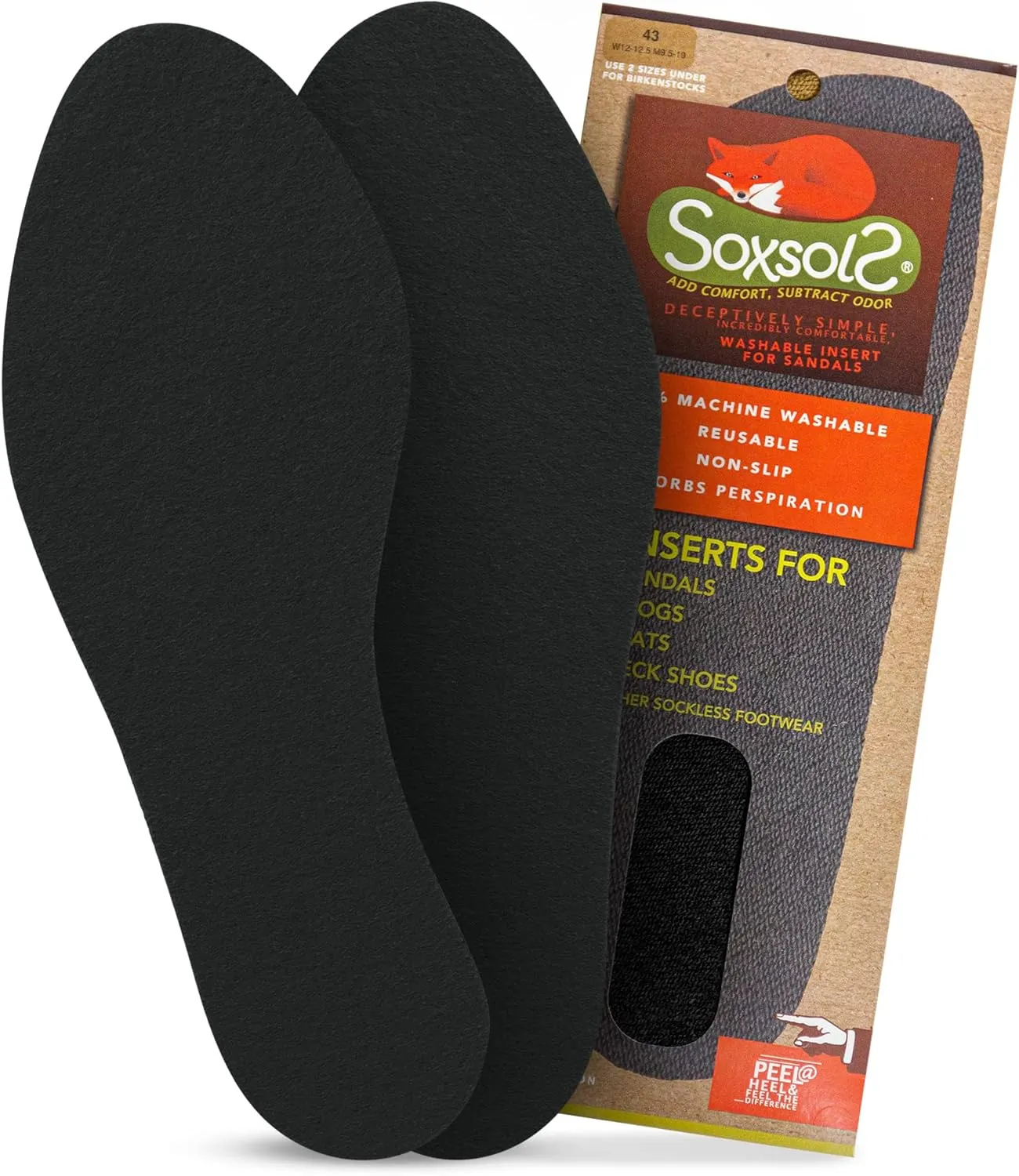 Wool Flat Shoe Insert for Sandals & Sockless Shoes, Comfortable Shoe Insoles with Sweat-Absorbent Natural Fiber & Non-Slip Silicone Grip, Narrow-Cut Shoe Inserts for Women, Black, Size 40 - SoxsolS