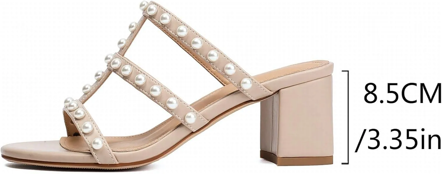 XIEDA Women's Pearl Heels Block Chunky Mule Heels Slip On Open Toe Heeled Sandals