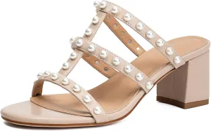 XIEDA Women's Pearl Heels Block Chunky Mule Heels Slip On Open Toe Heeled Sandals
