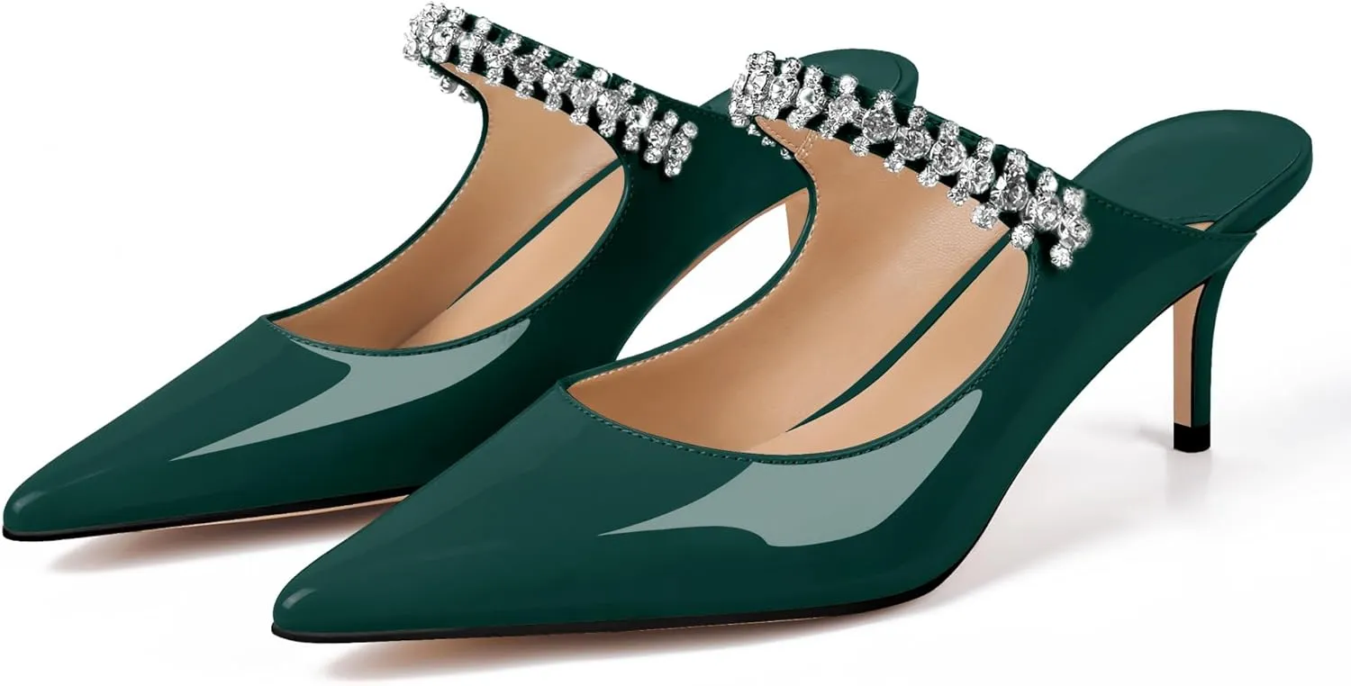 XINIUNIU Heeled Mules for Women Rhinestone Heels Pointed Toe Slip On 2.5 Inch Kitten Stiletto Closed Toe Sandals Dress Wedding Pump Shoes