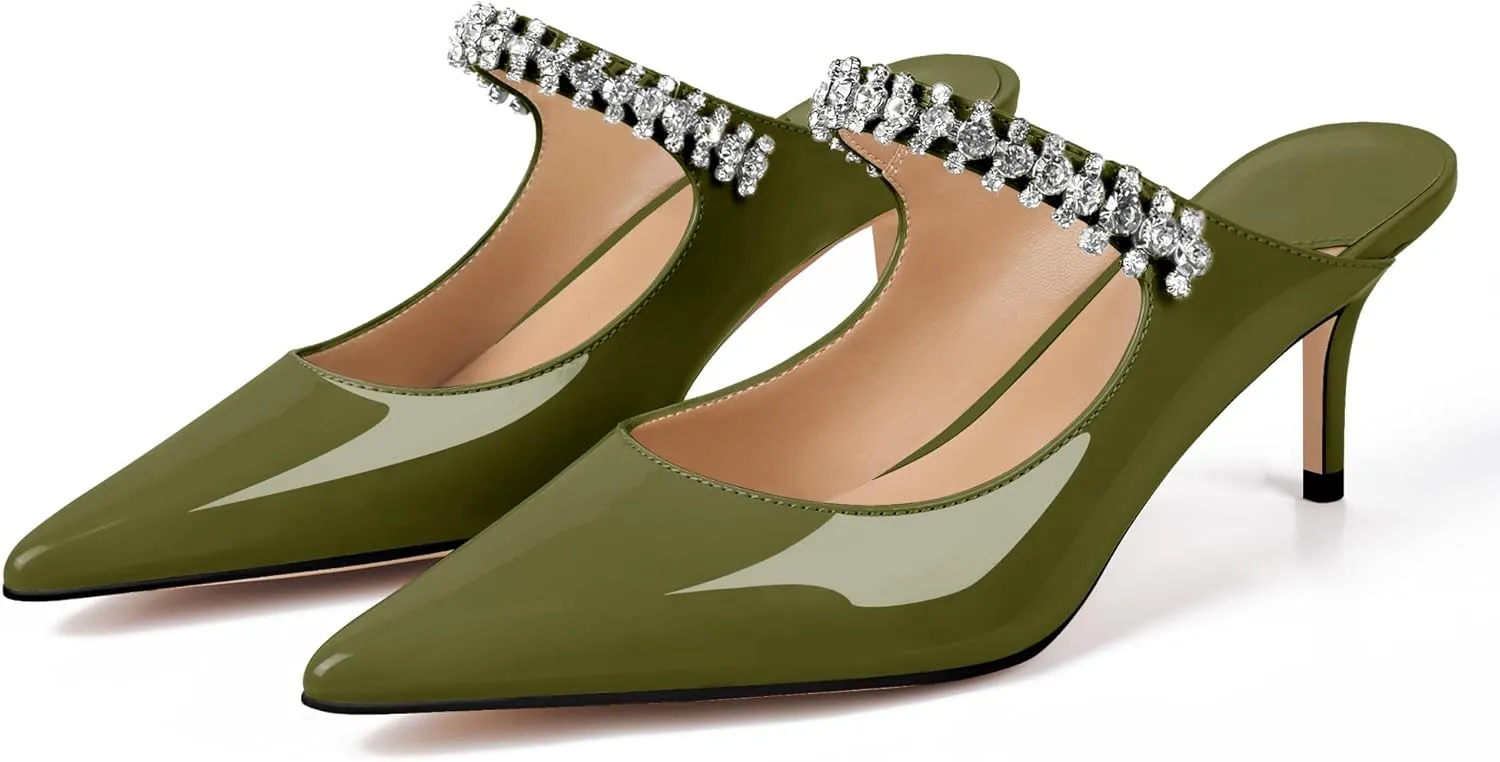 XINIUNIU Heeled Mules for Women Rhinestone Heels Pointed Toe Slip On 2.5 Inch Kitten Stiletto Closed Toe Sandals Dress Wedding Pump Shoes