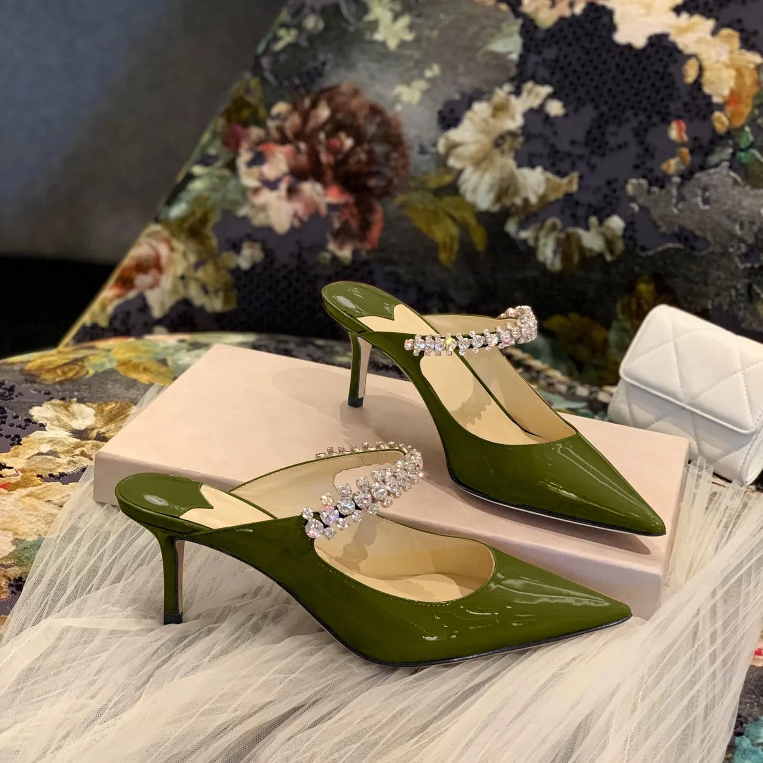 XINIUNIU Heeled Mules for Women Rhinestone Heels Pointed Toe Slip On 2.5 Inch Kitten Stiletto Closed Toe Sandals Dress Wedding Pump Shoes
