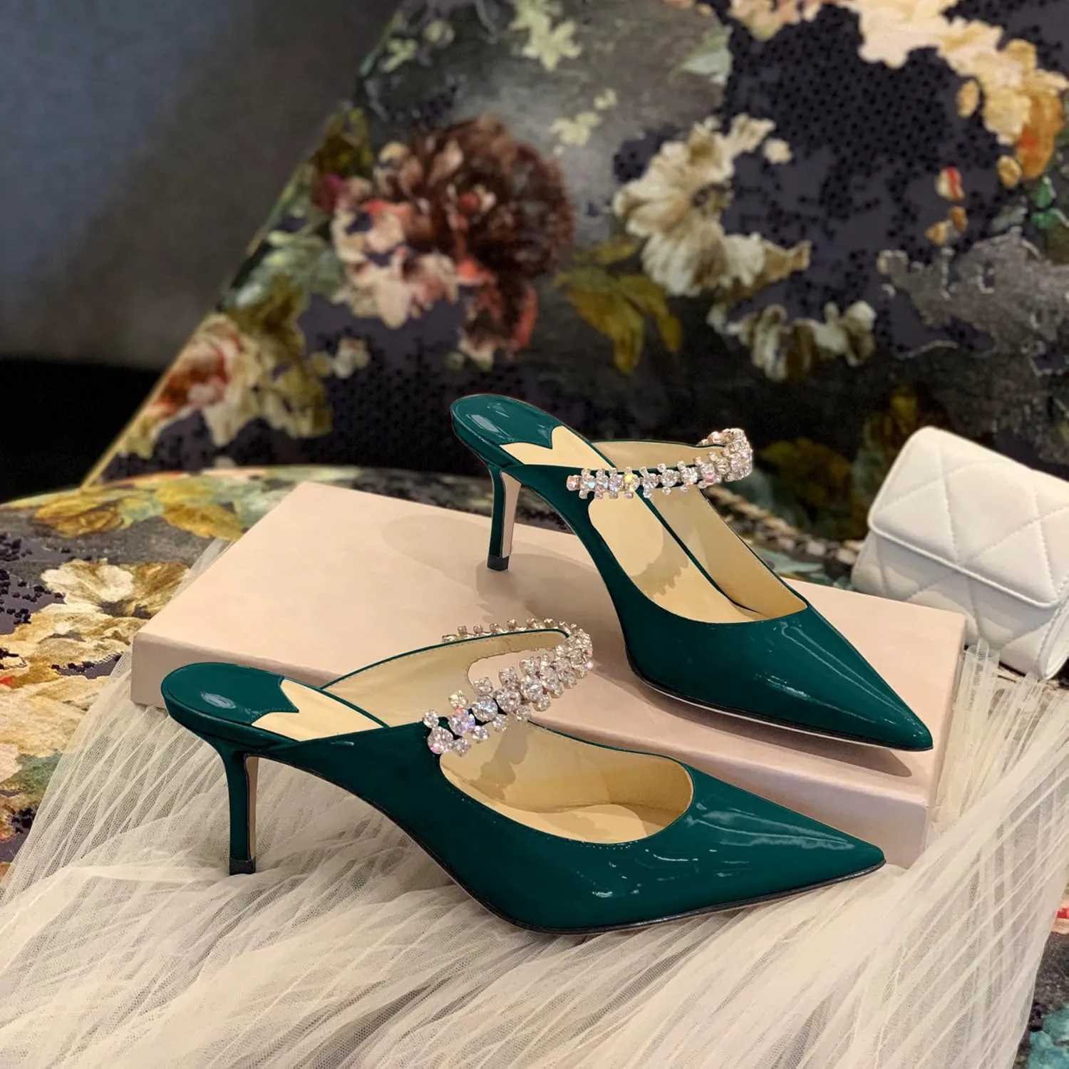 XINIUNIU Heeled Mules for Women Rhinestone Heels Pointed Toe Slip On 2.5 Inch Kitten Stiletto Closed Toe Sandals Dress Wedding Pump Shoes