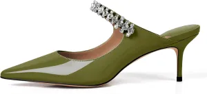 XINIUNIU Heeled Mules for Women Rhinestone Heels Pointed Toe Slip On 2.5 Inch Kitten Stiletto Closed Toe Sandals Dress Wedding Pump Shoes