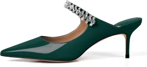 XINIUNIU Heeled Mules for Women Rhinestone Heels Pointed Toe Slip On 2.5 Inch Kitten Stiletto Closed Toe Sandals Dress Wedding Pump Shoes