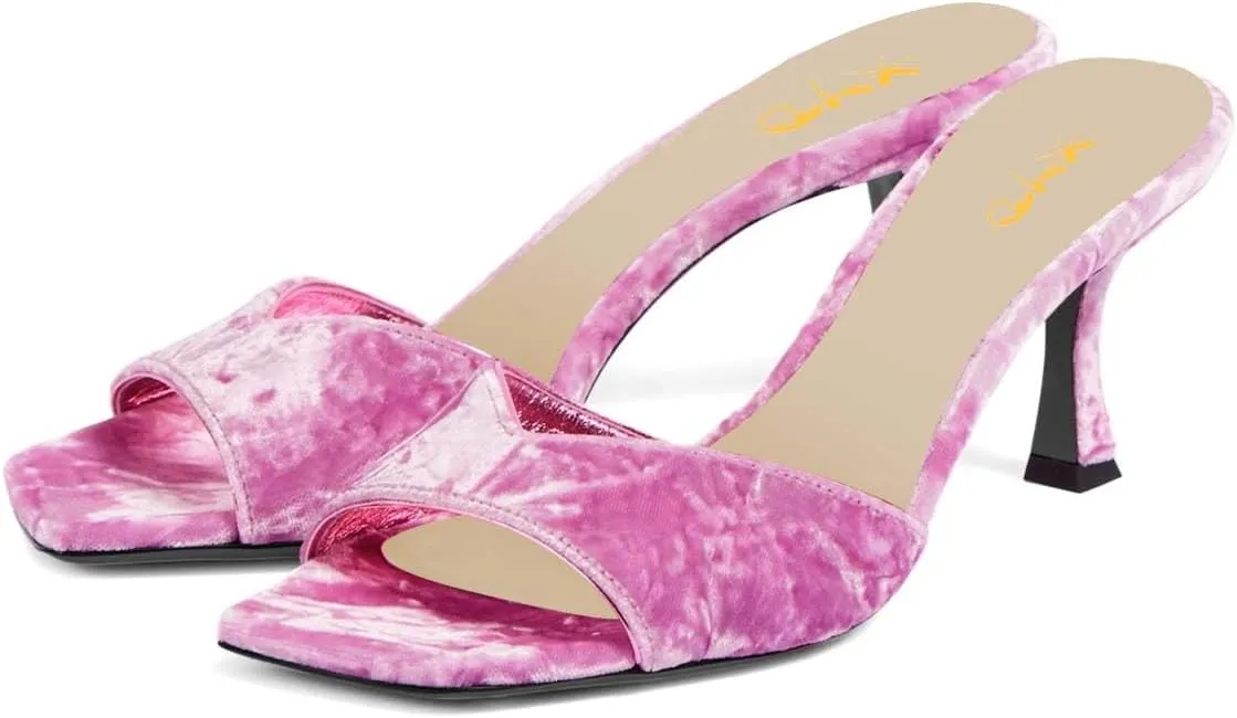 XYD Women Square Open Toe Mid Heel Sandals Slip On Kitten Mules Backless Comfy Dress Vacation Shoes