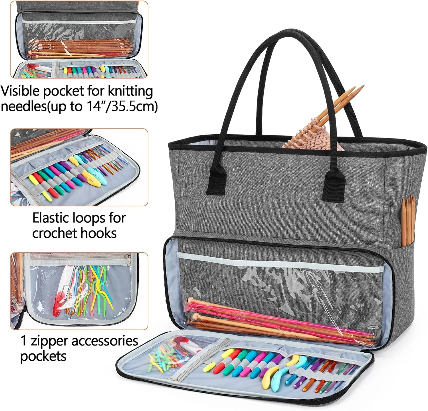Yarwo Knitting Crochet Bag, Yarn Storage Tote Bag for WIP Projects, Yarn Skeins, Crochet Hooks and Knitting needles, Gray (Bag Only, Patent Pending)