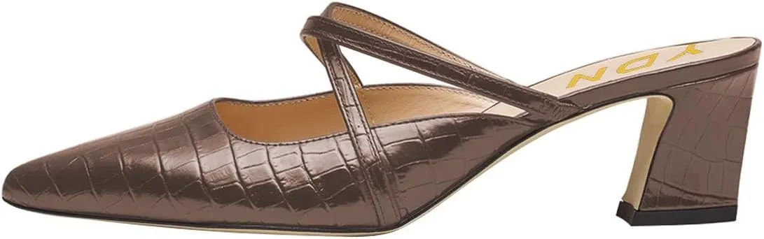 YDN Women Fashion Crocodile Print Mules Cross Straps Block Chunky Mid Low Heel Slip On Sandals 4-15 US