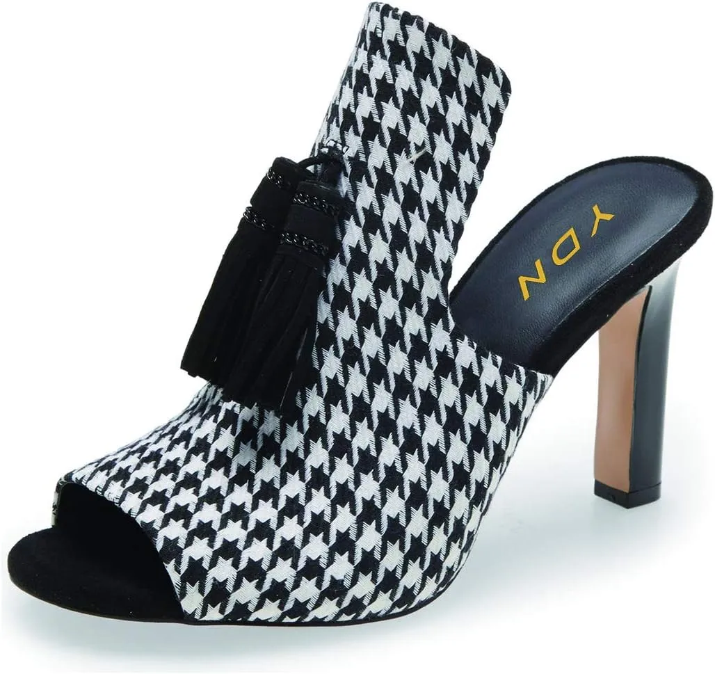 YDN Women Tassels Dressy Slide Mules Sandals Sexy Peep Toe Block Chunky High Heel Slipper Slip On Backless Summer Loafers Shoes