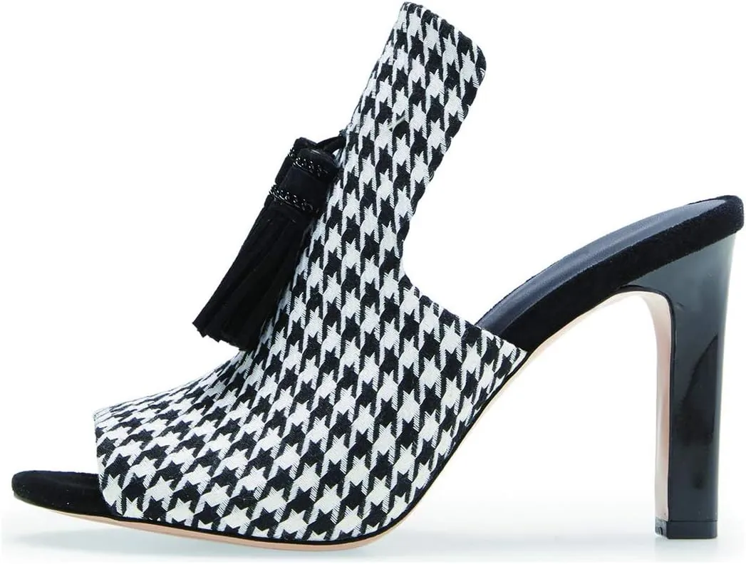 YDN Women Tassels Dressy Slide Mules Sandals Sexy Peep Toe Block Chunky High Heel Slipper Slip On Backless Summer Loafers Shoes
