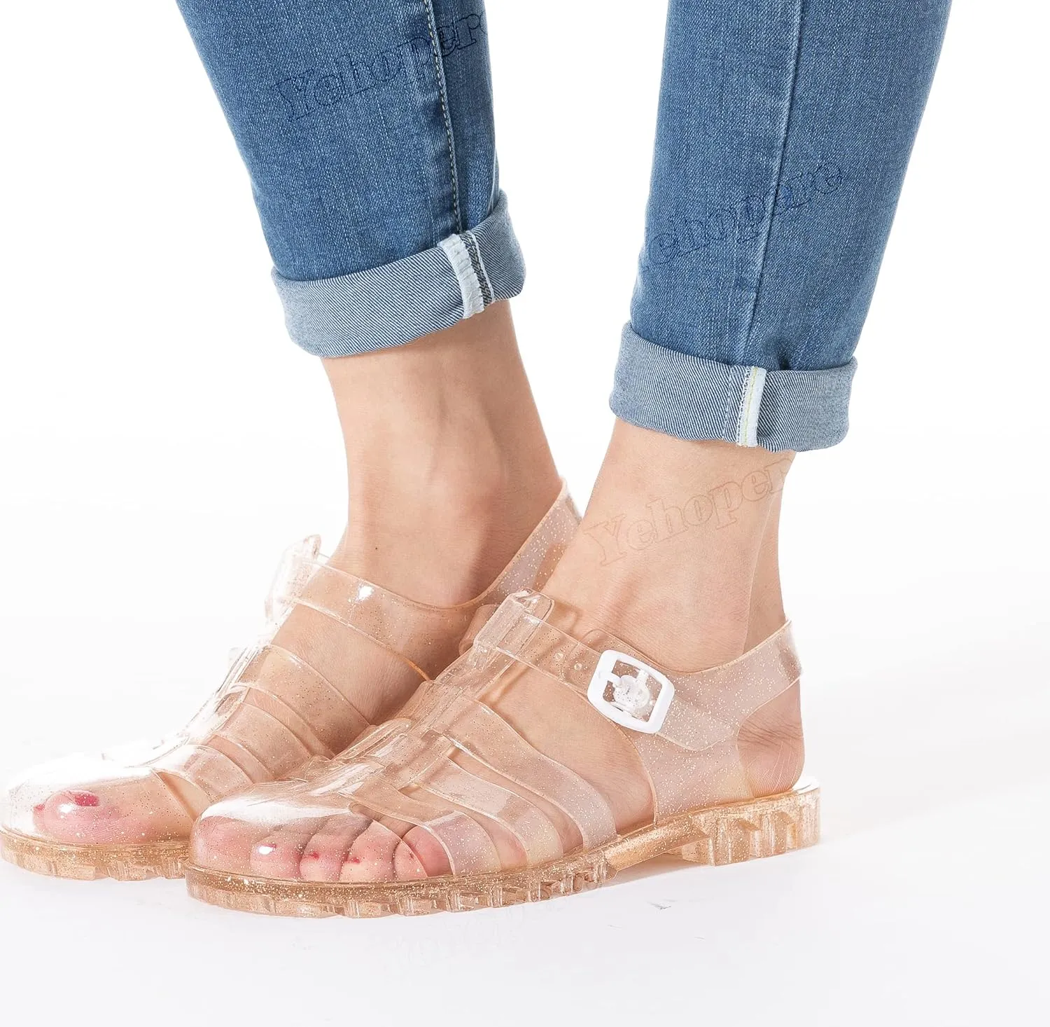 Yehopere Women's Jelly Sandals T-Strap Slingback Bling Beach 80s 90s Retro Flat Shoes