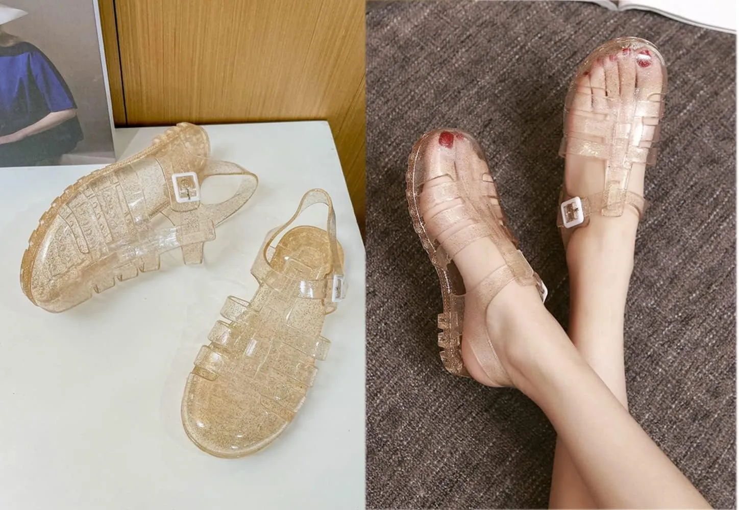 Yehopere Women's Jelly Sandals T-Strap Slingback Bling Beach 80s 90s Retro Flat Shoes