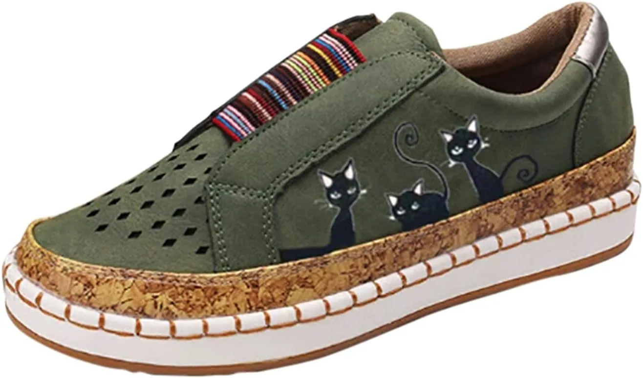 ZBYY Women's Canvas Casual Sneakers Cute Cat Printed Low Top Loafers Fashion Comfortable Slip On Flats Walking Shoes