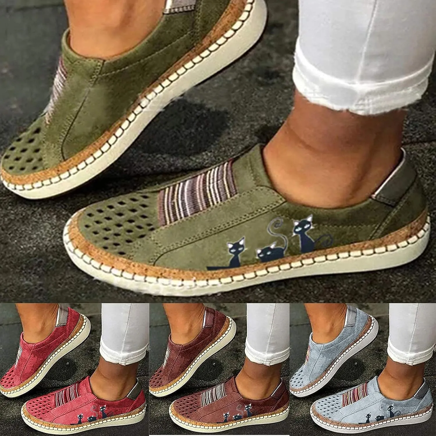 ZBYY Women's Canvas Casual Sneakers Cute Cat Printed Low Top Loafers Fashion Comfortable Slip On Flats Walking Shoes