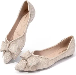 Zelaprox Women's Flats Shoes Rhinestone Pointed Toe Comfort Dressy Flat Silver Bowknot Casual Ballet Shoes