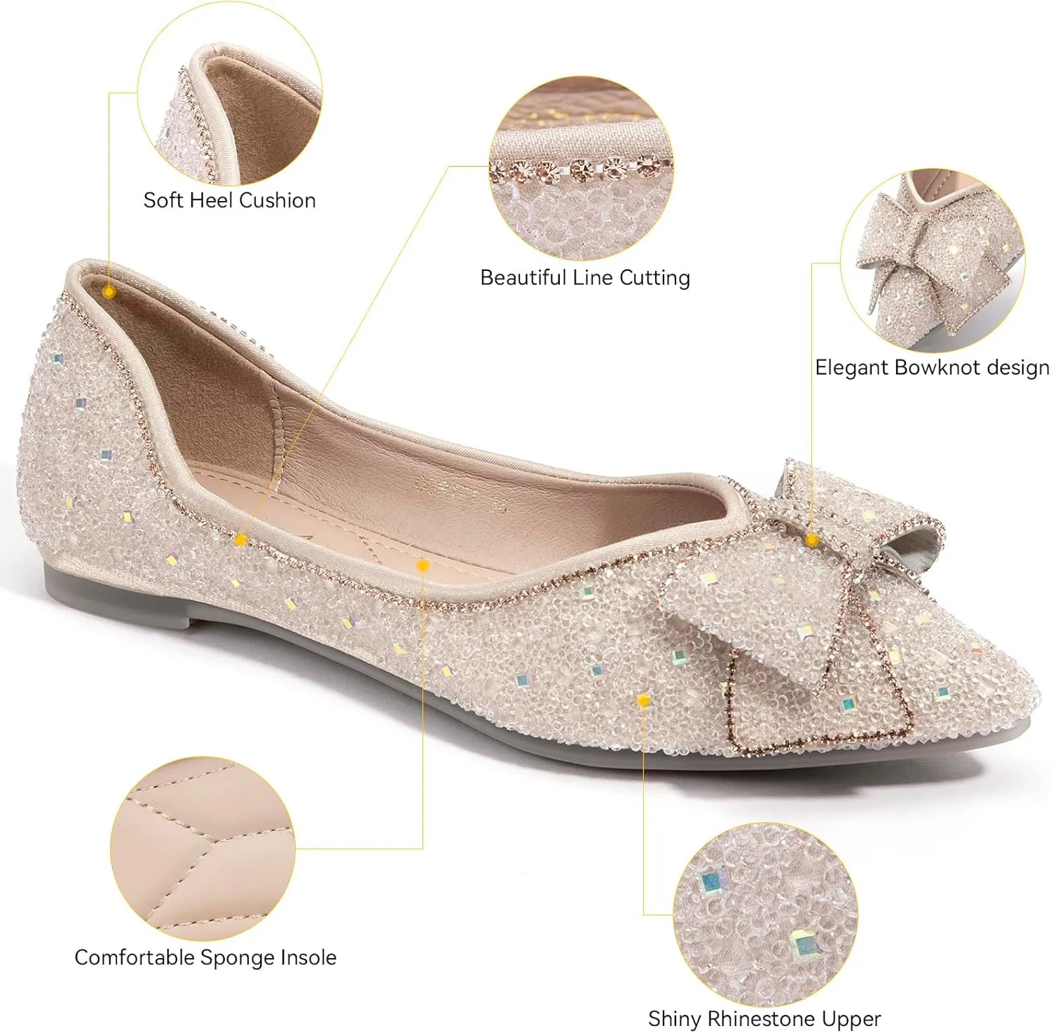 Zelaprox Women's Flats Shoes Rhinestone Pointed Toe Comfort Dressy Flat Silver Bowknot Casual Ballet Shoes